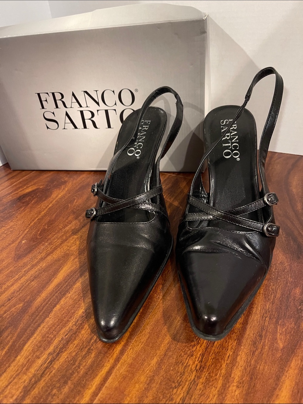 Franco Sarto Black Pointed Slingback Heels with Crisscross Straps